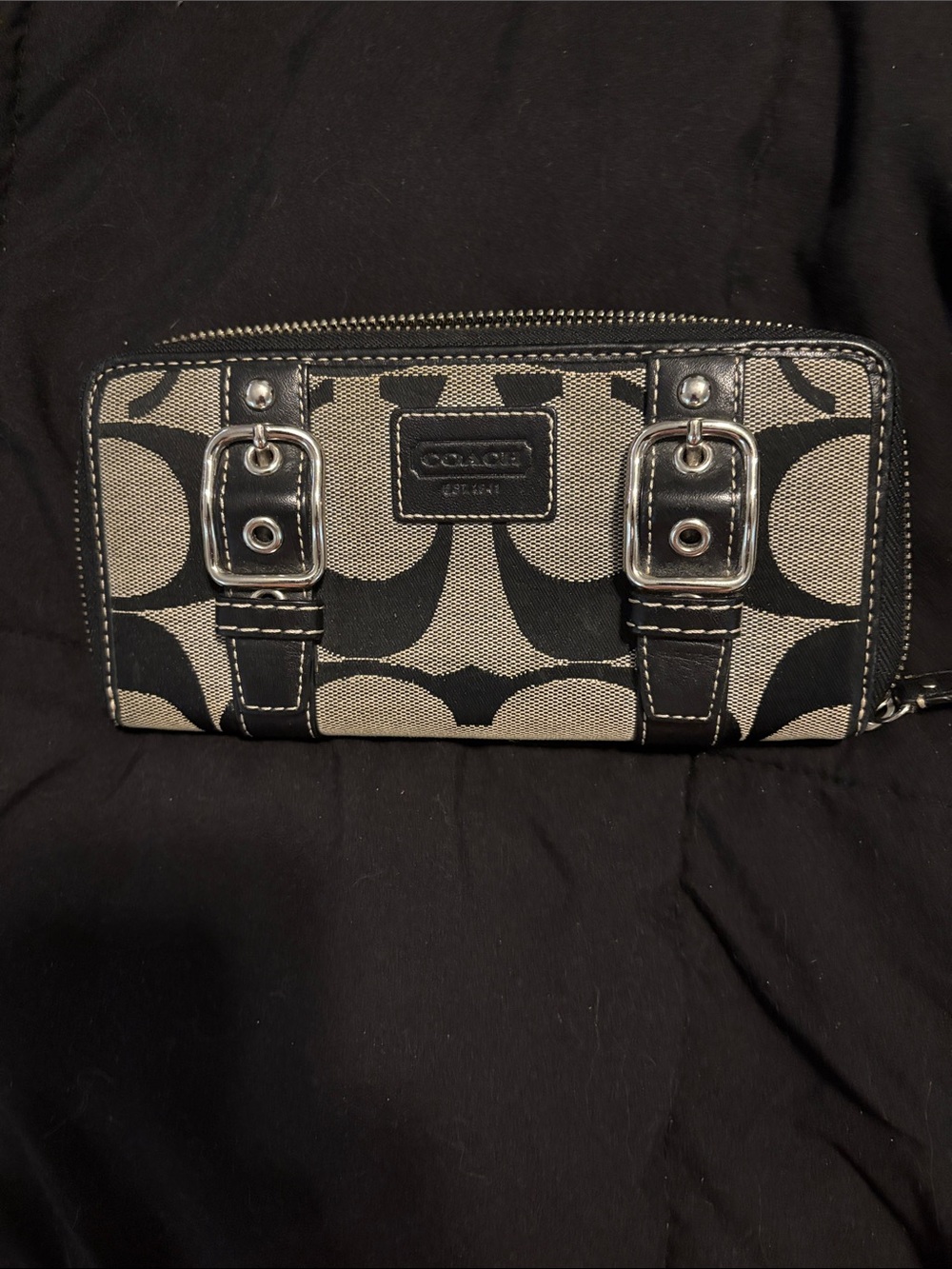 Coach Black and Khaki Signature Zip Wallet with Buckle Detail